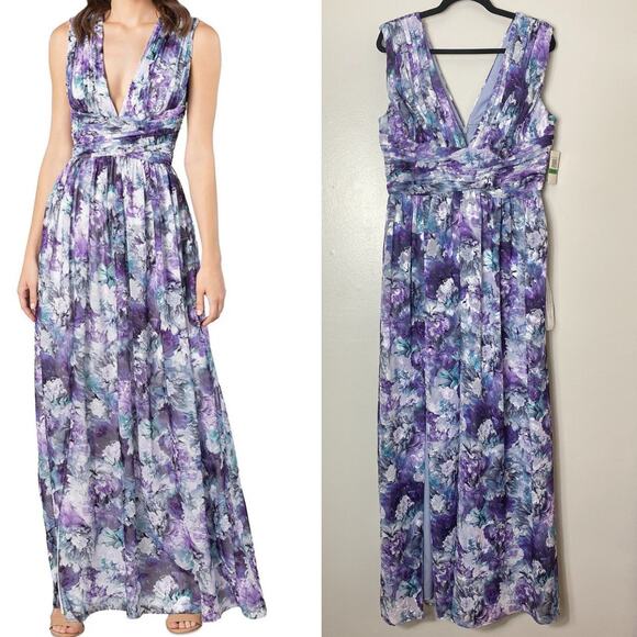 JS COLLECTIONS DRESS L PURPLE FALL WEDDING GUEST LONG FORMAL FLORAL JACLYN MAXI - Picture 1 of 16